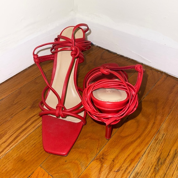 Red Squared Toe Lace-Up Heels - Picture 2 of 4